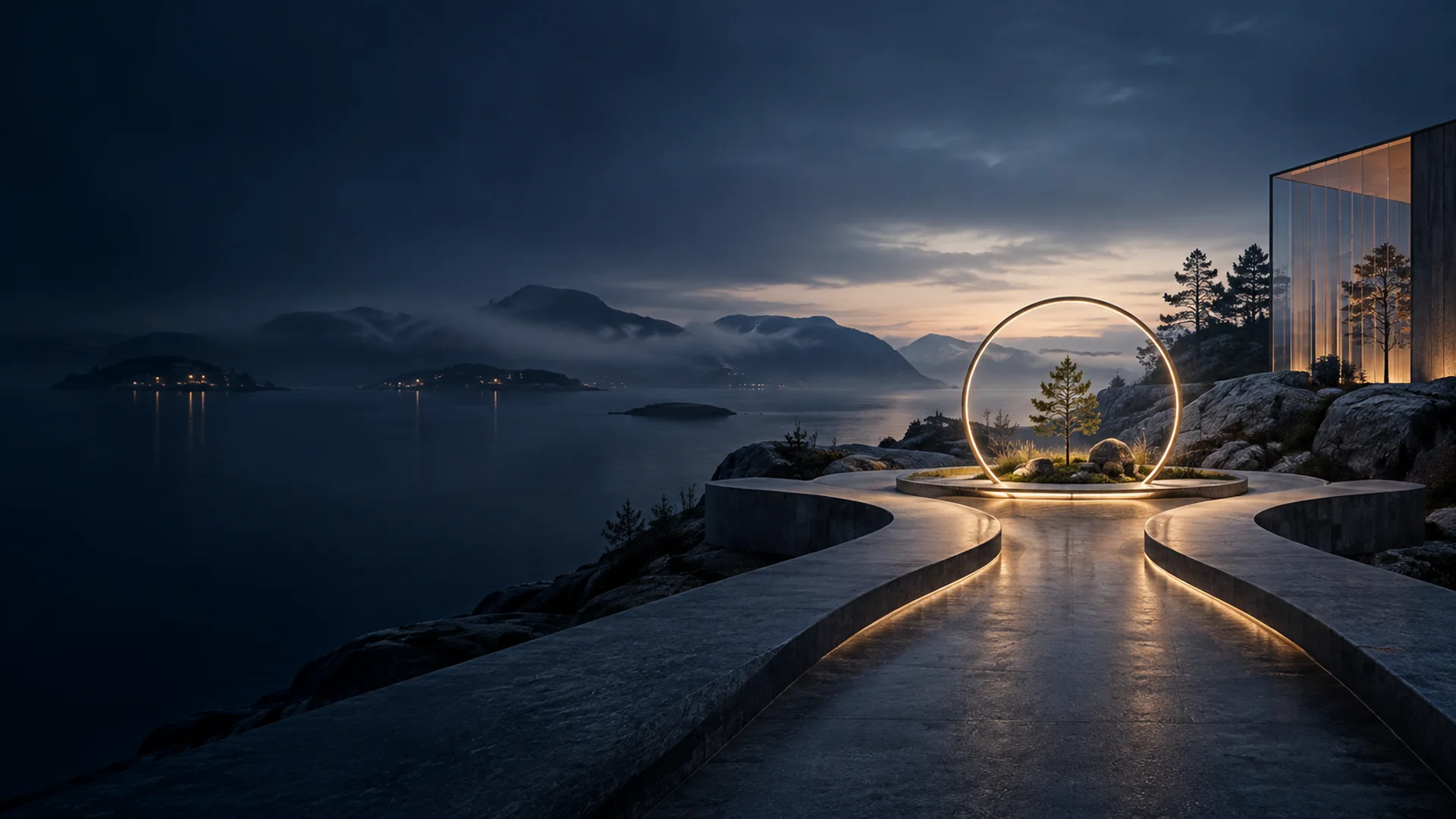 Stilisert norsk fjordlandskap med veier som møtes ved et gyllent tre