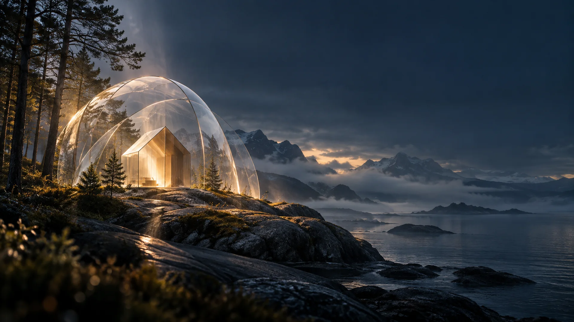 Stilisert hjem beskyttet av en lysende glassform i et mørkt nordisk landskap