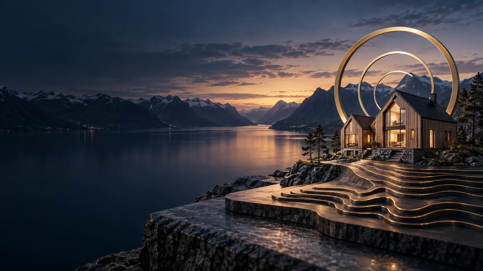 Stilisert hus ved en norsk fjord med gylne sirkler som symboliserer generasjoner